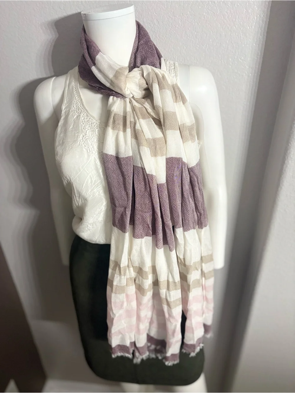 Striped Lightweight Scarf in Lavender, Cream & Taupe